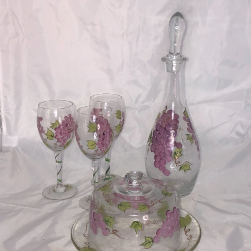 7 pc Hand-Painted Set 3 Wine Glasses, Decanter w/Stopper, Cheese Plate w/Cloche